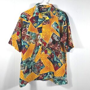 K.A.D. Clothing Co Mens XL Comic Book Graphic Print Button Up Shirt Yellow Retro